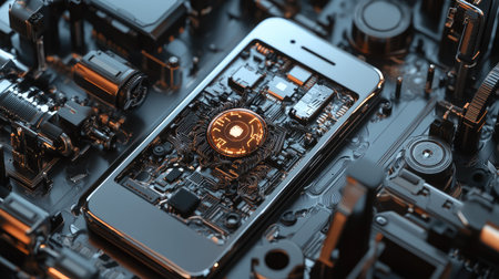 3D render of a smartphone with central AI brain, metallic robotic parts surrounding itの素材