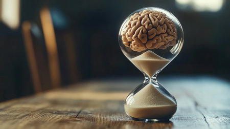 Brain in an hourglass with sand slowly flowing, illustrating the connection of mental focus and time limitsの素材