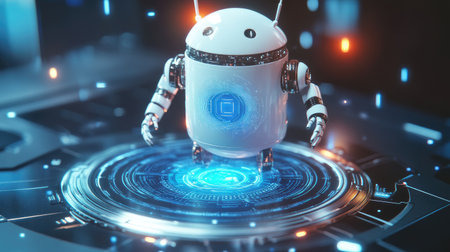 3D robotic smartphone with AI brain in center, digital effects around symbolizing machine learningの素材