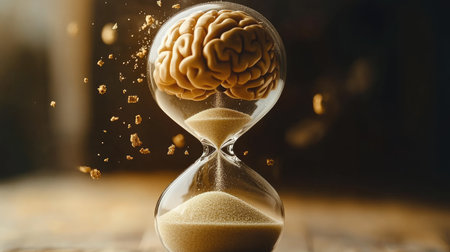 Brain in hourglass with sand falling around it, symbolizing the balance of mental clarity and timeの素材