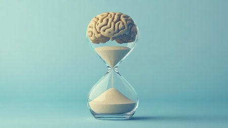 Brain inside an hourglass with sand flowing, concept of mental processing against time, minimalist backgroundの素材