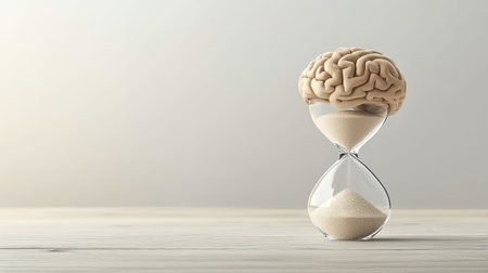 Concept of brain in hourglass with sand flowing out, symbolizing limited mental time, minimalist settingの素材