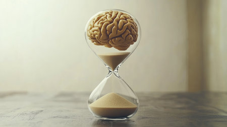 Brain within hourglass with sand flowing, illustrating the balance between time and thinking, clean backgroundの素材