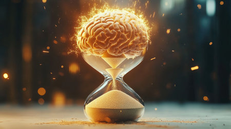 Conceptual image of brain in hourglass with sand trickling around, symbolizing the impact of time on thinkingの素材