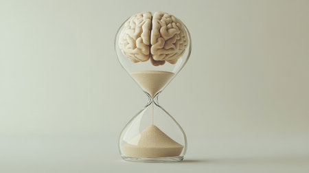Brain in the top of an hourglass with sand below, representing mental balance with time limits, plain backgroundの素材