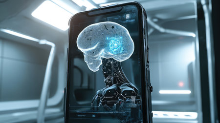 Close-up of smartphone with robotic shell and visible AI brain, digital renderingの素材