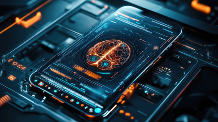 Futuristic phone design with robotic edges, AI brain core, representing AI-integrated smartphonesの素材
