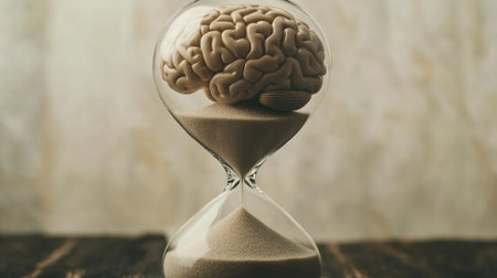 Conceptual image of brain in an hourglass, sand flowing around it symbolizing thought processing over timeの素材