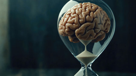 Close-up of brain in hourglass, sand trickling down, symbolizing the balance between time and thoughtの素材