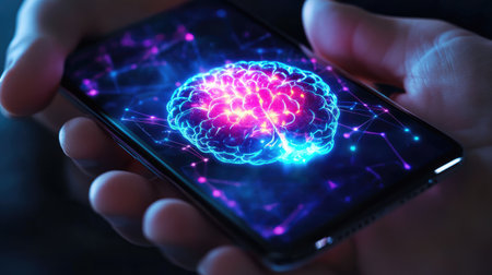 Concept of mobile phone with AI brain glowing at center, robotic design showing advanced techの素材