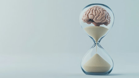 Brain trapped in an hourglass with sand around, symbolizing limited mental time, on a plain backgroundの素材