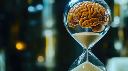 Concept image of brain in an hourglass, sand trickling away, illustrating time-bound thoughts, clean setupの素材