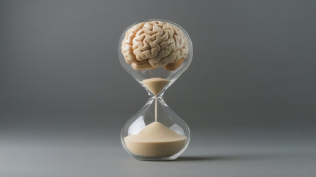 Hourglass containing brain and sand, symbolizing time effect on mental clarity, simple setupの素材