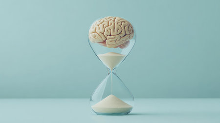 Brain within hourglass with sand flowing, illustrating the balance between time and thinking, clean backgroundの素材