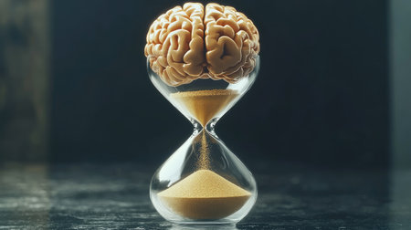 Conceptual image of a brain in hourglass, with sand trickling down, symbolizing the limitations of timeの素材