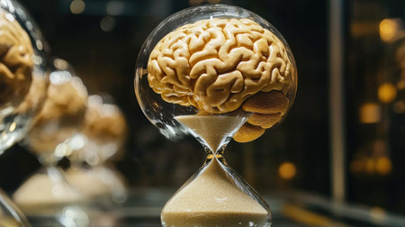 Close-up of brain in hourglass, sand trickling down, symbolizing the balance between time and thoughtの素材