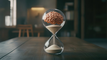Brain suspended in an hourglass with trickling sand, representing limited time for mental tasks, simple setupの素材