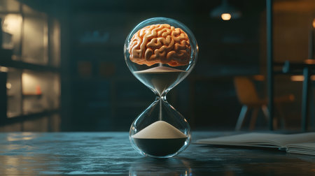 Conceptual image of brain in hourglass with sand trickling around, symbolizing the impact of time on thinkingの素材