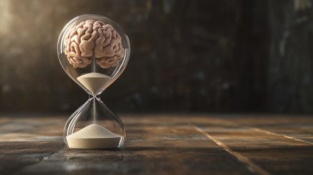 Concept image of brain in an hourglass, sand trickling away, illustrating time-bound thoughts, clean setupの素材