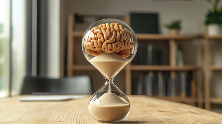 Concept image of brain in an hourglass, sand trickling away, illustrating time-bound thoughts, clean setupの素材