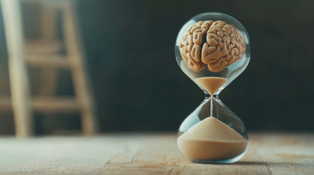 Hourglass containing brain and sand, symbolizing time effect on mental clarity, simple setupの素材