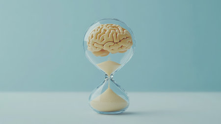 Concept of brain in hourglass with sand flowing out, symbolizing limited mental time, minimalist settingの素材