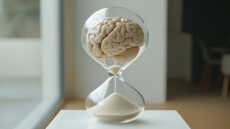 Hourglass containing brain and sand, symbolizing time effect on mental clarity, simple setupの素材