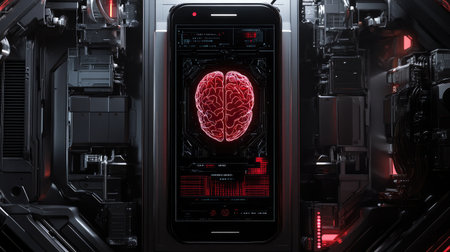 Futuristic phone with AI brain in middle, robotic hardware elements, minimal backgroundの素材