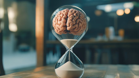 Conceptual image of a brain in hourglass, with sand trickling down, symbolizing the limitations of timeの素材