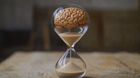 Conceptual hourglass with a brain in the upper chamber, sand flowing below, simple setup symbolizing timed thoughtの素材