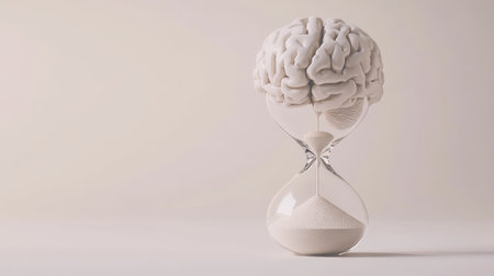 Hourglass holding a brain with time passing through, concept of thoughts constrained by time, plain backgroundの素材