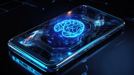 Robotic mobile phone with AI brain in the middle, metal details and digital glow symbolizing intelligenceの素材