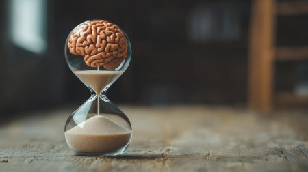 Hourglass with brain in top chamber, sand below symbolizing finite time for thoughts, simple settingの素材