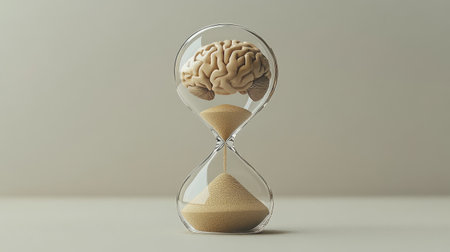 Hourglass with brain and sand, illustrating limited time for thoughts, with plain, simple backgroundの素材