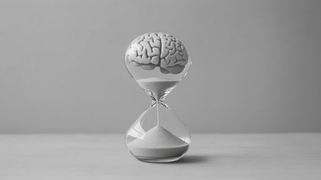 Hourglass containing brain and sand, symbolizing the depletion of mental energy over time, plain backgroundの素材