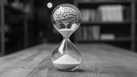 Hourglass with brain inside and sand pouring down, symbolizing mental focus within limited time, plain setupの素材