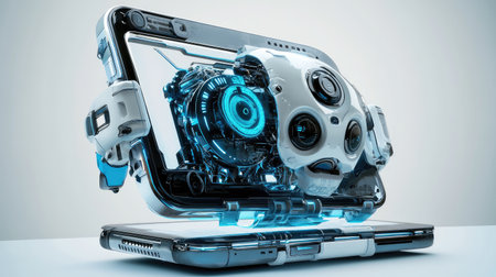 Mobile phone with exposed AI brain and robotic shell, futuristic technology conceptの素材