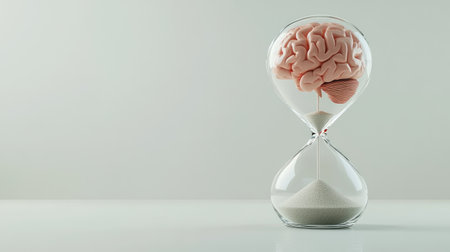 Hourglass holding a brain with time passing through, concept of thoughts constrained by time, plain backgroundの素材