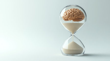 Minimalist hourglass with a brain and sand, symbolizing the balance of thoughts within time, clean backgroundの素材