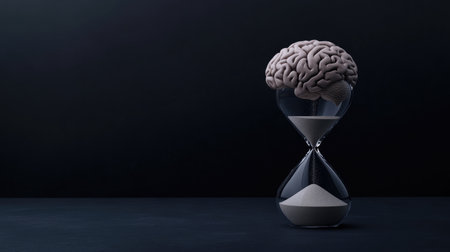 Minimalist concept of a brain in an hourglass with sand trickling, representing mental strain over timeの素材