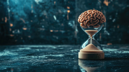 Hourglass with brain and flowing sand, symbolizing mental focus within time, minimalist backgroundの素材