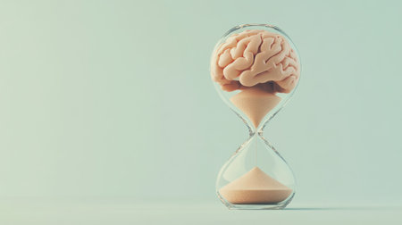 Minimalist concept of brain in hourglass with sand flowing around, symbolizing limited time for thinkingの素材