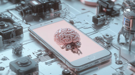 Phone with AI brain in middle, surrounded by robotic parts, advanced technology designの素材