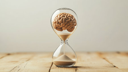 Hourglass with brain inside and sand pouring down, symbolizing mental focus within limited time, plain setupの素材