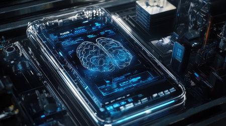 Mobile device with transparent case revealing AI brain in center, surrounded by robotic detailsの素材