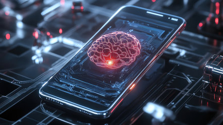 Rendered phone with AI brain core, surrounded by robotic elements, sleek futuristic designの素材