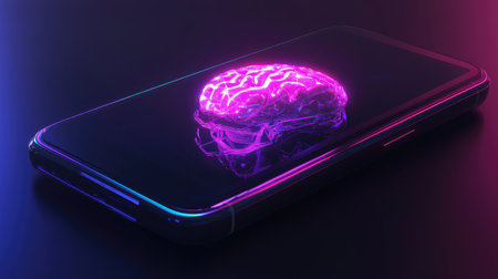 Render of a robotic smartphone with central AI brain glowing, futuristic elements, sleek designの素材