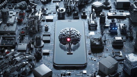 Phone with AI brain in middle, surrounded by robotic parts, advanced technology designの素材