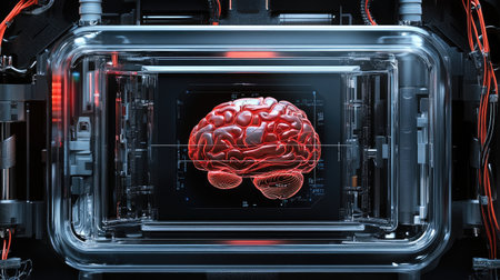 Mobile device with transparent case revealing AI brain in center, surrounded by robotic detailsの素材
