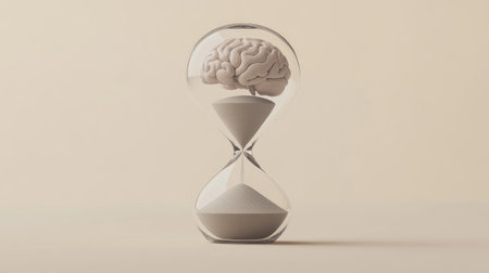 Minimalist hourglass with brain in top chamber and sand falling, illustrating time-restricted thinkingの素材